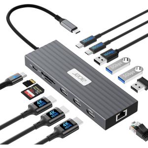 Acer Docking Station 3 Monitors with 3 HDMI, 13-in-1 USB C Hub for Laptop with 4K@60Hz HDMI, 1 Gbps Ethernet, 10Gbps Data, 100W PD, SD/TF, Laptop Dock for Acer/XPS/Spectre/Surface/Mac