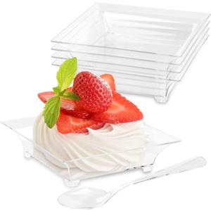 Qeirudu 100 Pack 1 oz Small Dessert Plates for Appetizers - Mini Plastic Plates with Spoons Reusable Square Appetizer Bowls Tiny Individual Serving Trays