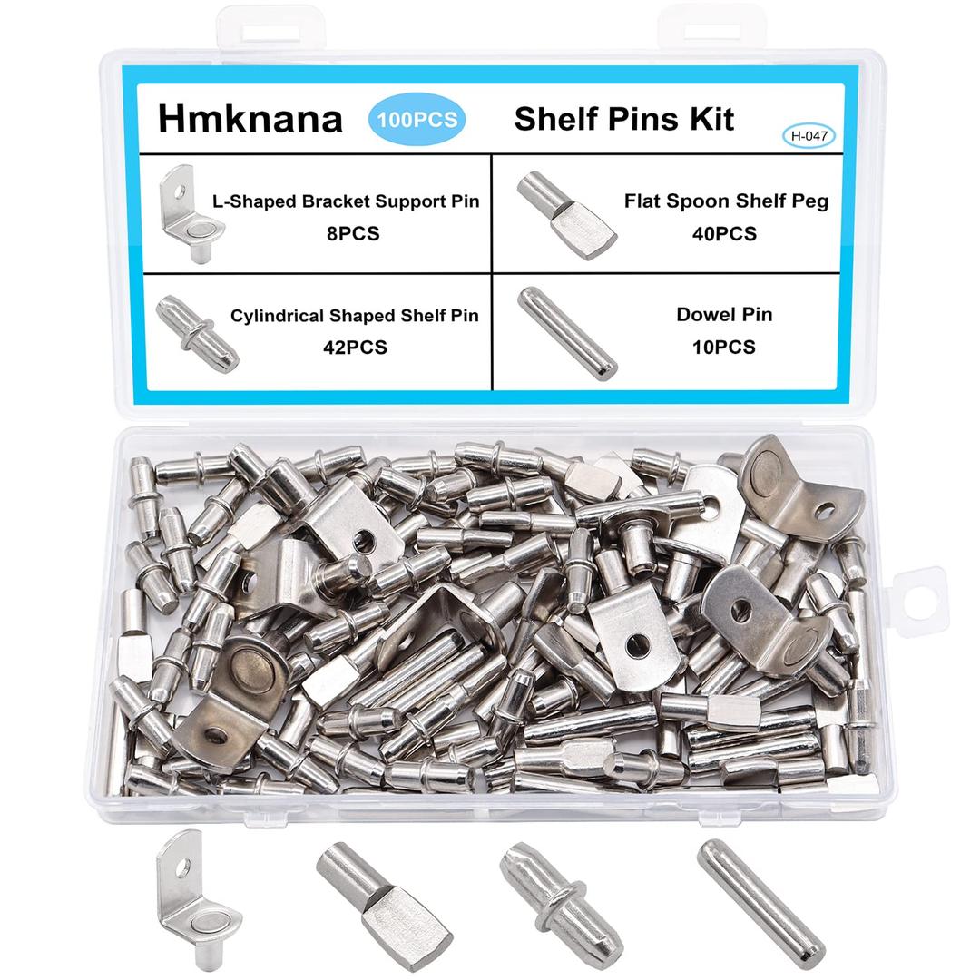 Hmknana 100PCS 4 Styles Shelf Pins Kit - Nickel Plated Shelf Bracket Pegs & Shelf Support Pins, Dowel Pin and Shelf Holders for Shelves Cabinet Furniture Closet etc