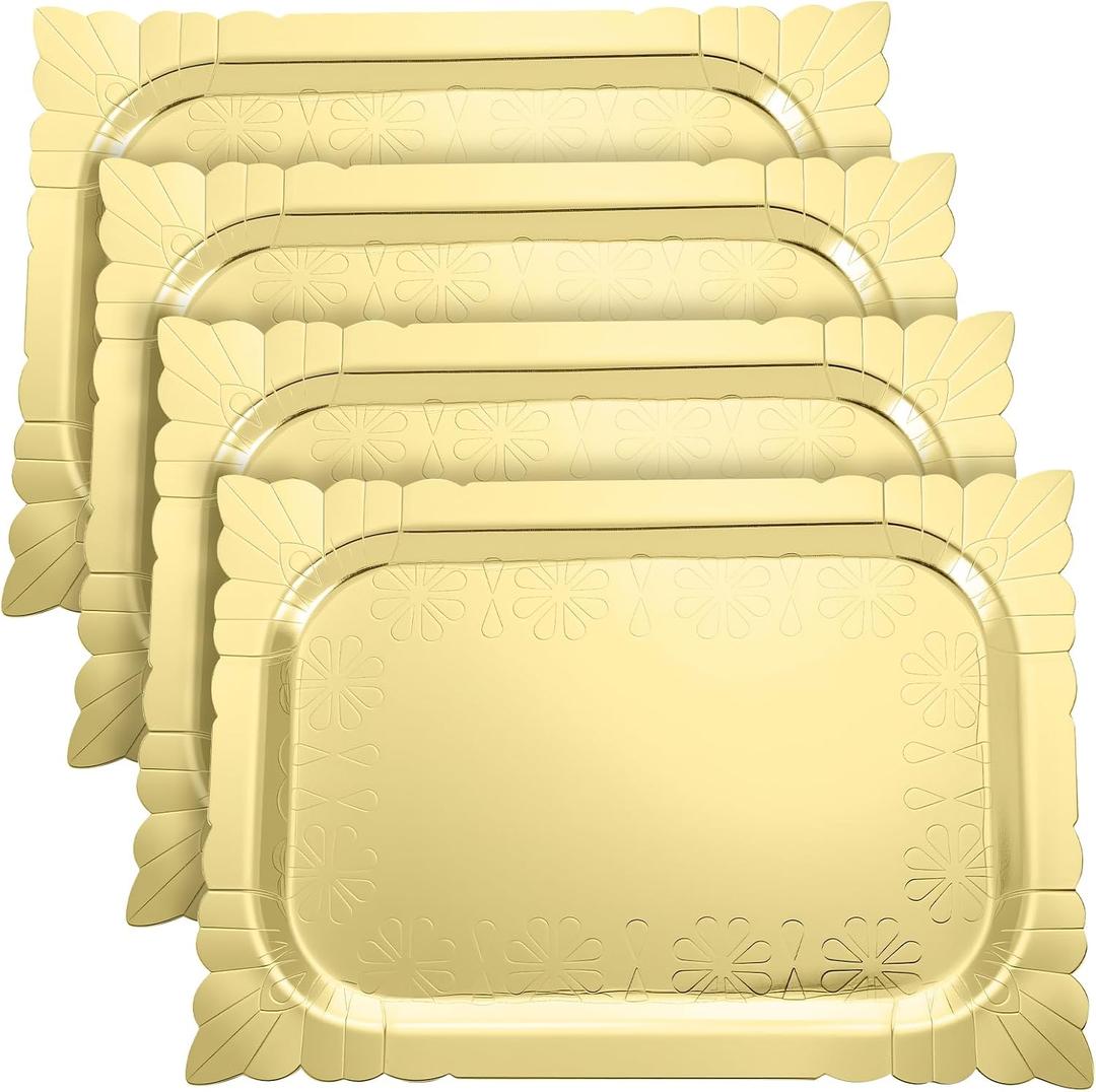Honeydak 4 Pcs Gold Rectangle Serving Trays Heavy Duty Disposable Paper Cardboard Serving Platter for Food Tea Fruit Trays Cupcake Display Dessert Table Decorations Birthday Party Supplies
