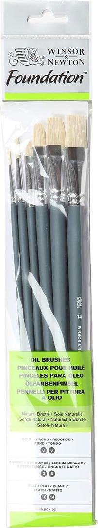 Winsor & Newton Foundation Oil Hog Brush Set, Long Handle, Round Filbert & Flat, 6 Pack (White)