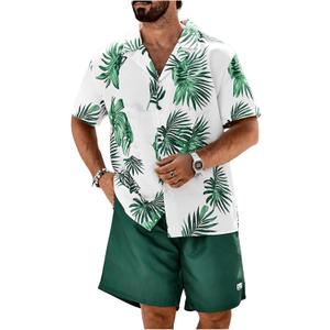 Men's Plus Size 2 Pieces Outfit Tropical Print Button Down Shirt and Drawstring Waist Shorts Sets (6X-Large, Green)