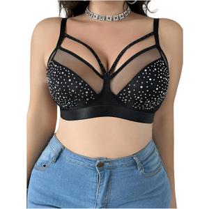 OYOANGLE Women's Plus Size Rhinestone Contrast Mesh Bras Wireless Cut Out Everyday Bralettes (X-Large Plus, Black)
