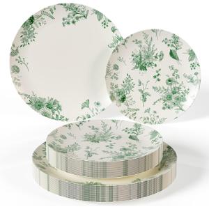 Trendables 40 Piece Plastic Disposable Plates Set For 20 Guests I 20 X 8 Inch Dessert Plates & 20 X 10 Inch Wedding Party Plates | Ivory & Green Verdure Design, 40 Count