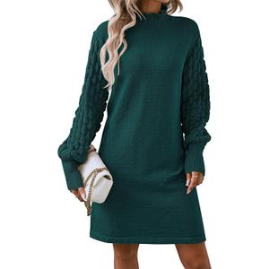 Sovoyontee Women's 2025 Fall Long Sleeve Mock Neck Sweater Dress Casual Loose Ribbed Knit Mini Short Pullover Dresses (Green, L)
