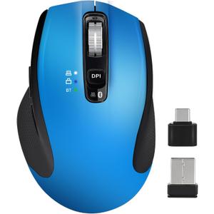 Wireless Mouse with Bluetooth, USB A, USB C Receiver, Rechargeable, Full Size Mouse, Ergonomic, Silent, for MacBook/Laptop/Computer/PC/iPad-Blue