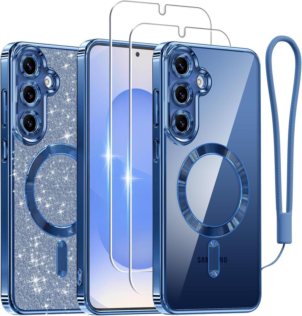 Meifigno Case Designed for Samsung Galaxy S25 Plus 6.7 inch, [Compatible with MagSafe] [2X HD Screen Protectors] [Glitter Card & Wrist Strap] Full Lens Protection Case for Galaxy S25 Plus, Navy | 6.7 inch, for Galaxy S25 Plus