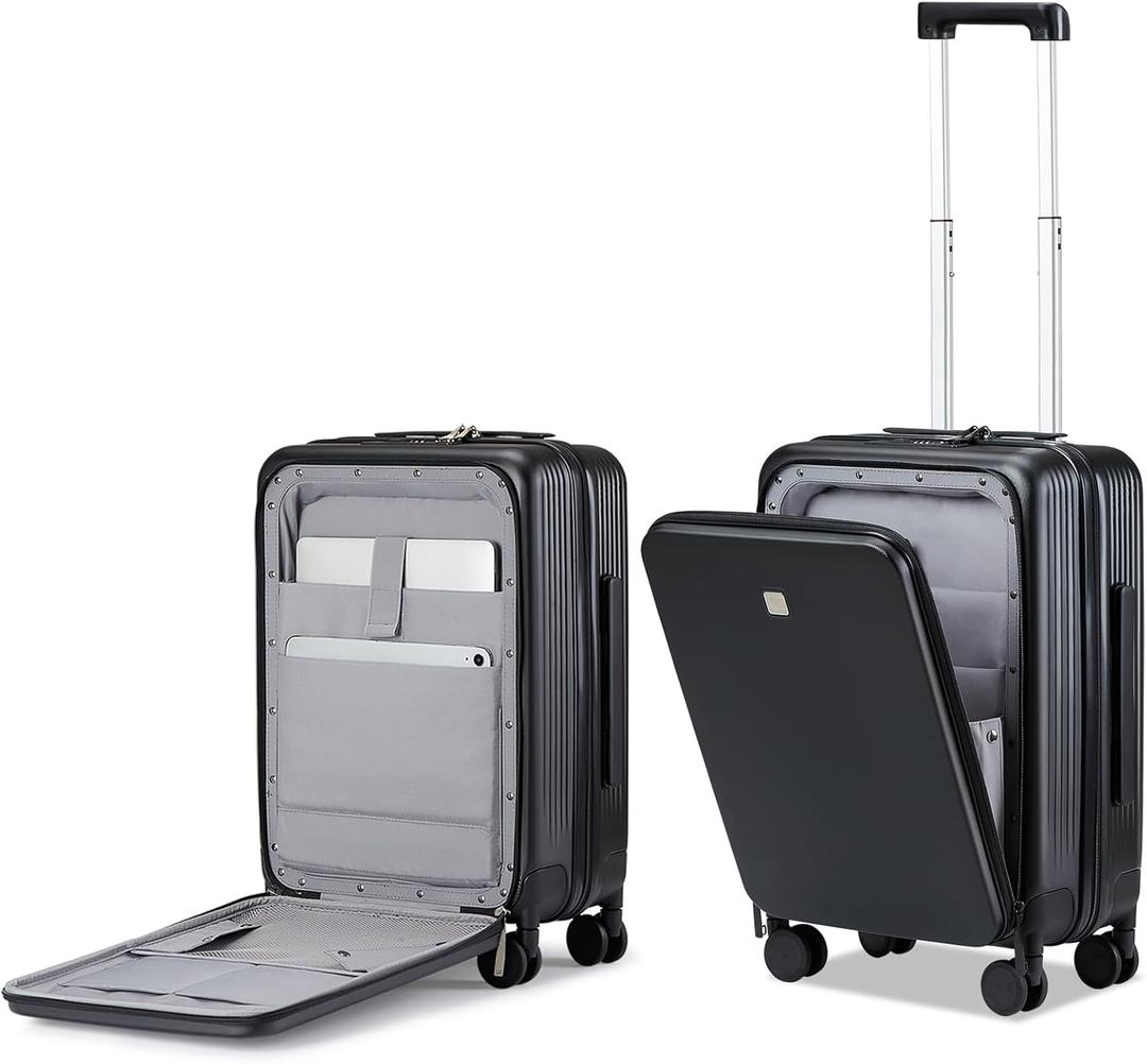 Hanke Grace Carry On Luggage with Wheels Airline Approved Hard Shell Suitcases with Front PocketTop Opening Luggage with TSA Lock for Short Business Travel Jet Black. (20 Inch)