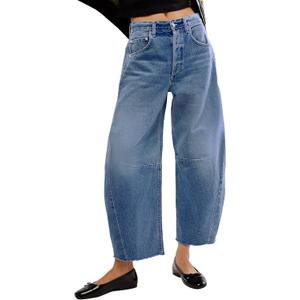 Barrel High Waisted Casual Baggy Trendy Straight Wide Leg Boyfriend Jeans (8, Dark Blue)