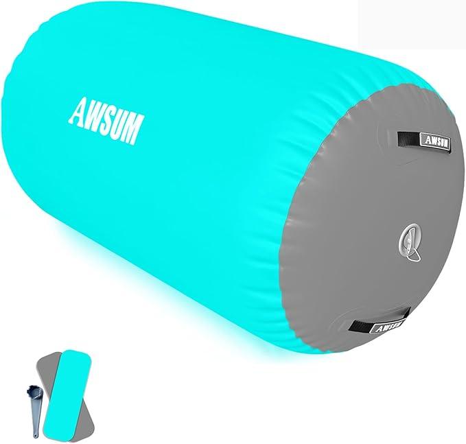 AWSUM Air Roller Gymnastics Barrel Inflatable Tumbling Mat Back Handspring Trainer for Octagon Mat Gym Home Gymnastics Equipment 1PCSNo Electric Pump ((L)39.4"x(Diam)23.6"-No pump, Mint Green/Grey)