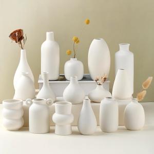 Parlamain Set of 16 White Ceramic Bud Vases, Minimalist Boho Small Pampas Grass Flower Vase for Farmhouse Home Decor, Wedding Centerpiece, Shelf and Table Decoration