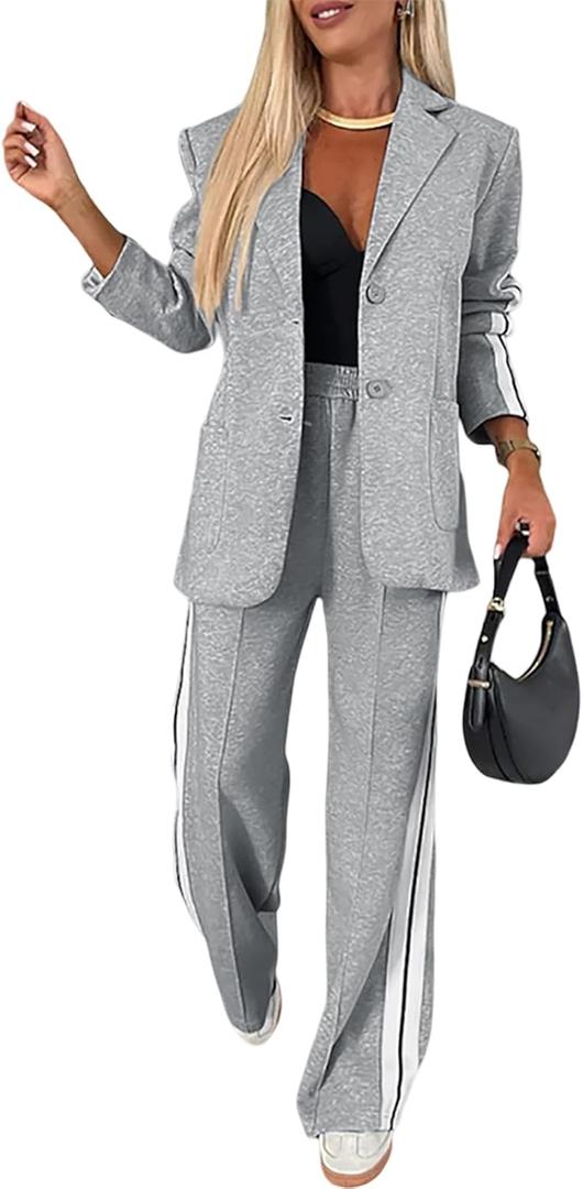 CHICME Womens Two Piece Outfits Striped Side Button Blazer and Pants with Pockets Sets Business Casual Pant Suits Set (Medium, Light Gray)