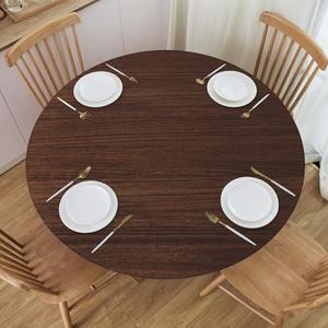 BOXIMIAO Wood Grain Dark Brown Round Tablecloth with Elastic Edge Table Cover Waterproof Reusable Table Cloth for Holiday Kitchen Party Patio,M(45"-50")