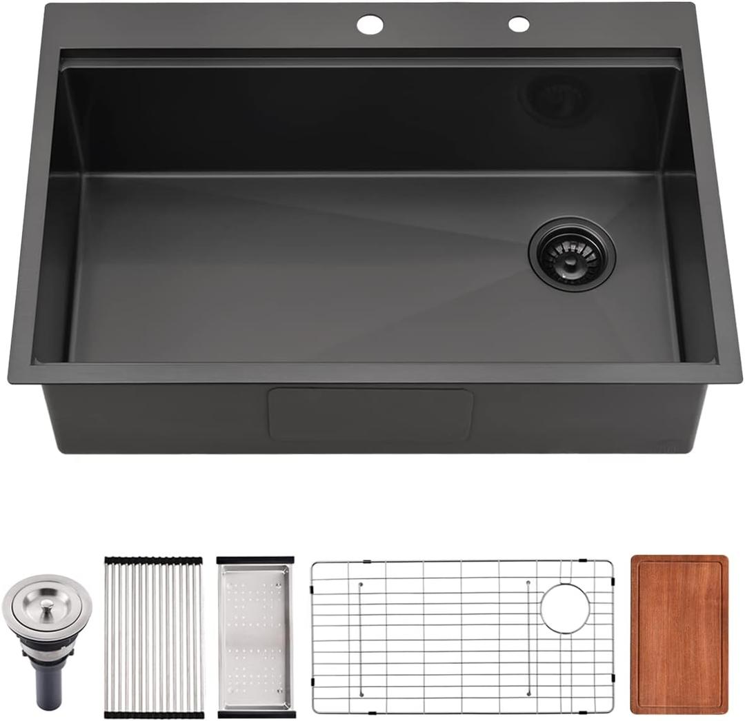 33 Inch Black Drop In Kitchen Sink, 33x22 Drop In Kitchen Sink Single Bowl Black Stainless Steel Workstation 16 Gauge Deep Topmount with Offset Drain
