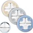 Bakpoco Stainless Steel Suction Plates for Toddlers, 8" Divided Kids Baby Plates with Removable Silicone Suction, Non Toxic Non Slip Portion Control Snack Dishes 3 Packs, Blue Gray Beige
