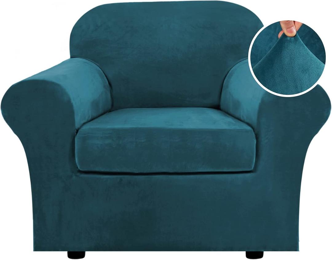 Hversailtex Rich Velvet Stretch 2 Piece Cover Chair Slipcover Sofa Cover Furniture Protector Couch Soft with Elastic Bottom Chair Couch Cover with Arms Width Up to 49 Inch(Chair, Deep Teal)