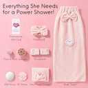 HAPPY LOLLI Power Shower Gift Set for Teen & College Girls, Birthday Gift, Self Care College Essentials Bath Accessories with Towels, Headband, Wristbands & Face Sponge (Fresh in Pink)