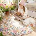 Wonnitar Washable 4ft Round Area Rug, Camellia Floral Living Room Rugs for Bedroom Girls, Low Pile Soft Flower Throw Carpet for Kids Nursery Room (Beige,4ft Round)