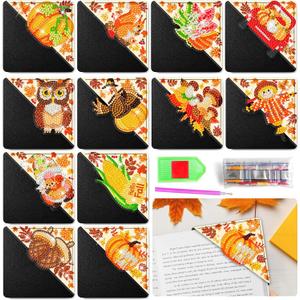 12 Pcs Diamond Art Bookmarks Maple Leaf Pumpkin Turkey Gnome Pine Cone Corner Bookmark Fall Autumn Thanksgiving Book Lovers Reading Art Craft Kit Gifts for Home Office School Beginner Adults Kids