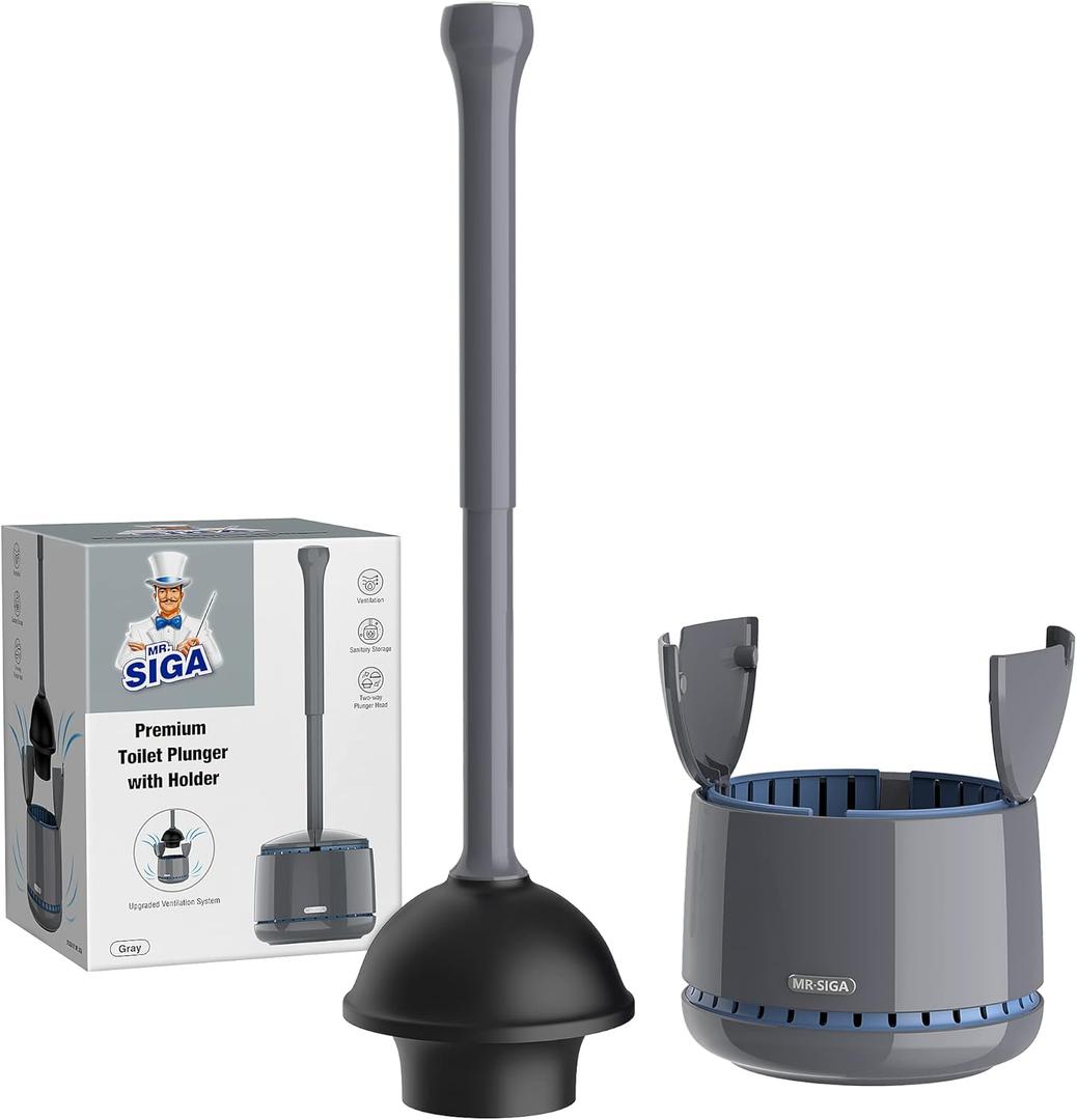 MR.SIGA Toilet Plunger with Holder, Heavy Duty Plunger with Sturdy Handle for Toilet Cleaning, Gray