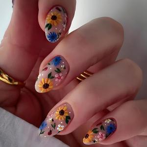 Flower Press on Nails Almond Medium Spring False Nails 3D Florals Design Full Cover Coffin Nails Artificial Stick on Nails Medium Acrylic Nails Reusable Glue on Nails for Women (48 Pcs)