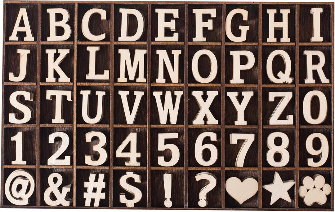 270 Pieces 1 Inch Wood Alphabet Letters Wooden Numbers Mini Blank Symbols Unfinished Heart Star Paw with Rustic Storage Tray for Home Decor Spelling Education Homemade Crafts Party Gifts