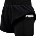 Haloumoning Girls Athletic Shorts High Waist Elastic 2 in 1 Running Shorts with Side Pockets 5-14 Years (Black)