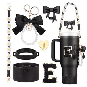 Rabrgab 7Pcs Black Stanley Cup Accessories for 40Oz 30Oz 20Oz, Women Teen Girls Gifts, Stanley Tumbler Cup Decoration with Straw Topper, Bow Charm, Silicone Boot, Handle Strap, Letter Sticker E