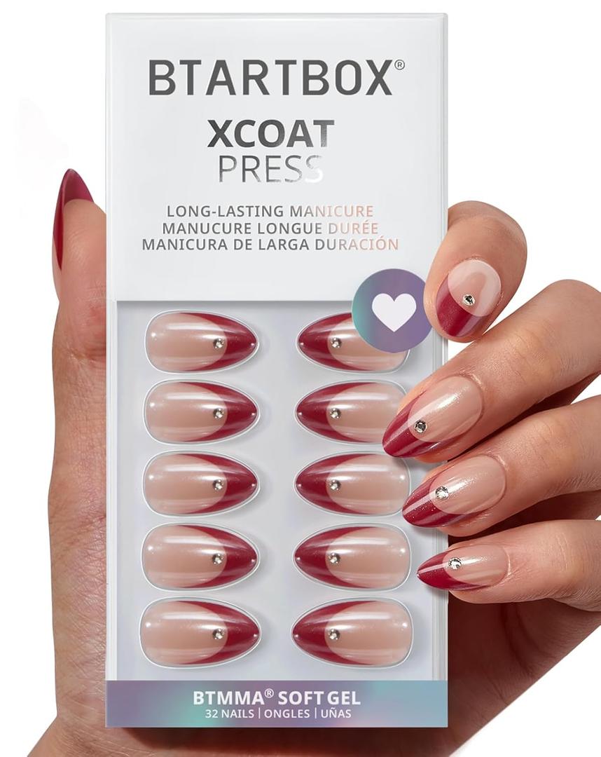 BTArtbox Press On Nails Short - Audrey's Ruby, Red Chrome Almond Light Red French Tip Press On Nails with Glue and Adhesive Tabs for Women, Soft Gel Glue On Nails in 16 Sizes - 32 Stick On Nails Kit