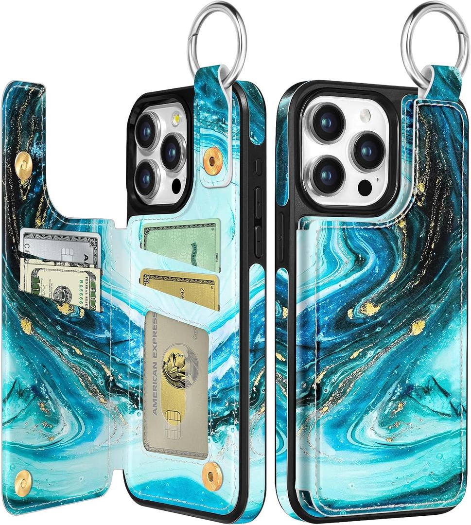 Shorogyt Compatible with iPhone 14 Pro Max Wallet Case with Card Holder - Designer Marble Pattern Kickstand Magnetic Clasp Back Flip Folio Leather Phone Covers Women Men Girls Cyan
