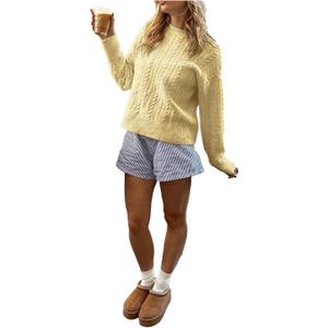 Women's Cable Knit Fall Sweaters 2025 Long Sleeve Crewneck Sweaters Jumper Tops Old Money Clothes (Yellow, S)
