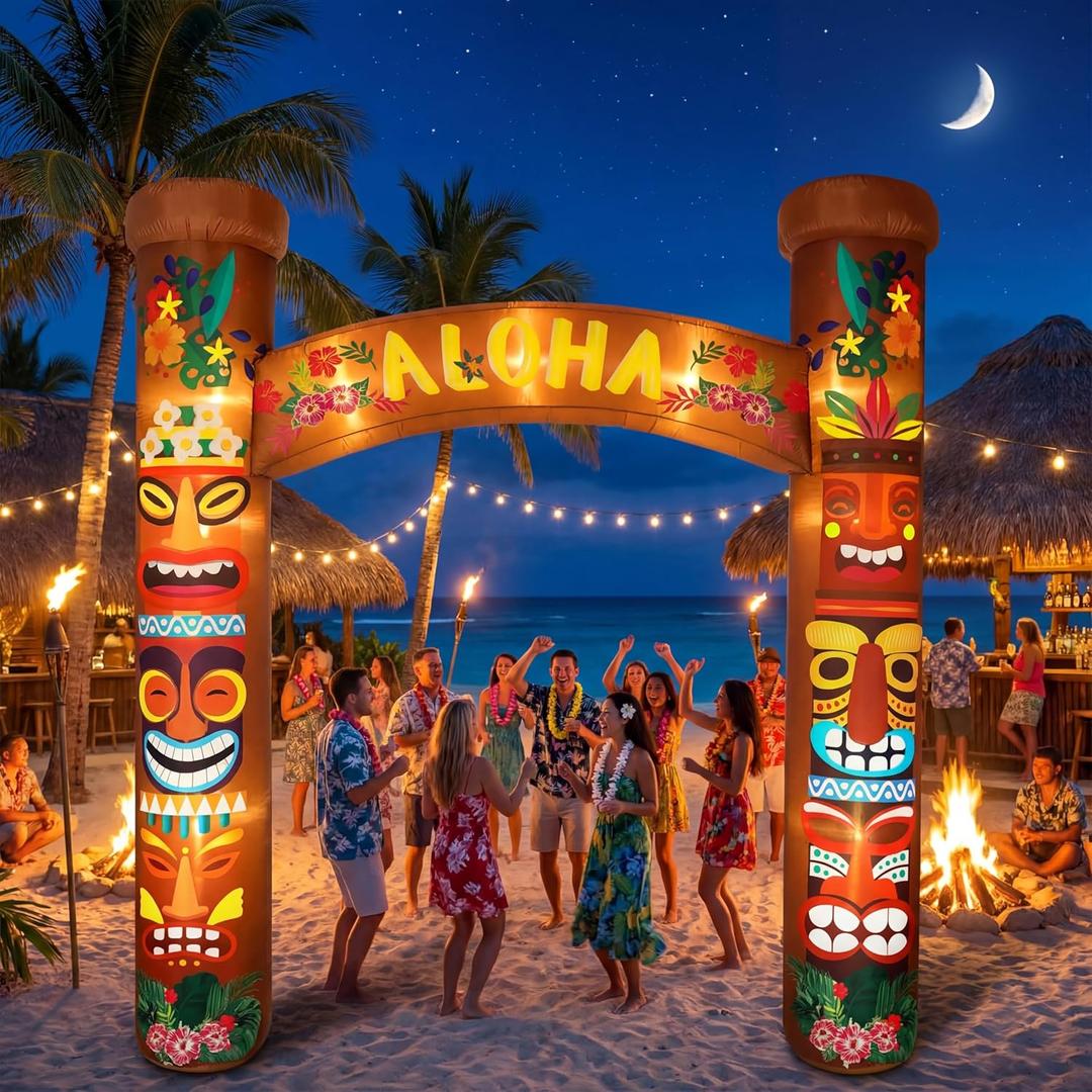 8.5 ft Tiki Inflatables Hawaiian Luau Party Decorations Summer Tropical Inflatables Tiki Archway Outdoor LED Lighted Blow up Aloha Hawaii Birthday Party Decorations for Luau Bar Beach Pool Patio