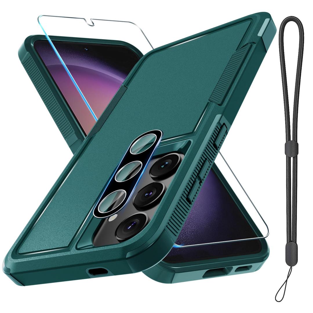 RMOCR Case for Samsung Galaxy S25, Full Body Heavy Duty Rugged Shockproof Protective Phone Cover with Lanyard Strap, Tempered Glass Screen Protector and Camera Lens Cover, Dark Green