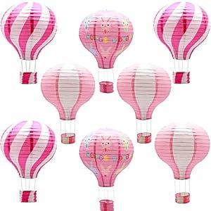 YIOTJUNL 8 Pcs Pink Hot Air Balloon Paper Lanterns, 12 Inch Hanging Ceiling Decor Centerpieces - Reusable Party Decorations for Baby Girl Shower, Birthday, Bridal, Wedding & Classroom