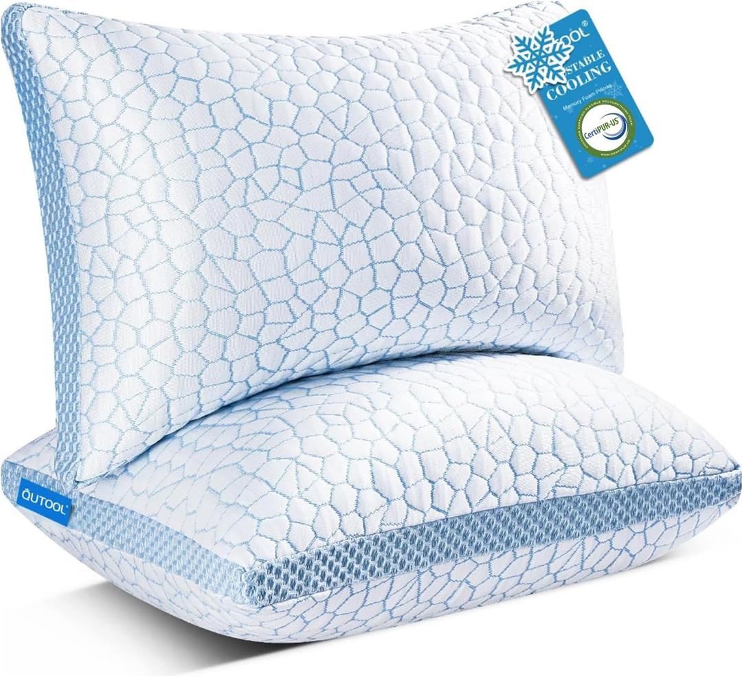 QUTOOL Enhanced Cooling Pillows for Sleeping, CertiPUR-US Shredded Memory Foam Pillows Queen Size Set of 2 for Hot Sleeper, Adjustable Bed Pillow for Side, Back, Stomach Sleepers Support Yet Soft Blue