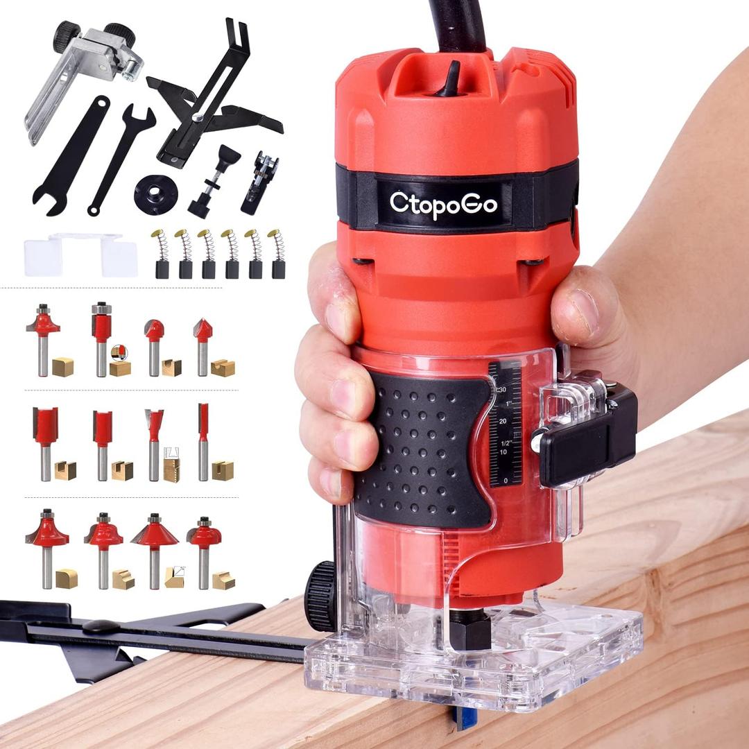 Compact Palm Router Tool, 800W Hand Wood Trimmer Router with 12PCS 1/4" Bits Set for Woodworking