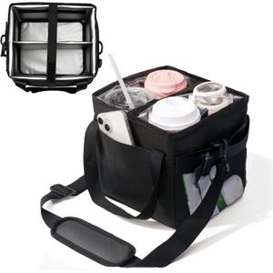 Reusable Drink Carrier With Handle,4 Cup Water Bottle Holder With Strap & Adjustable Dividers,Upgraded Portable Foldable Water Bottle Bag With Dual Elastic Straps, Leak-Proof,Coffee Cup Holder (Black)