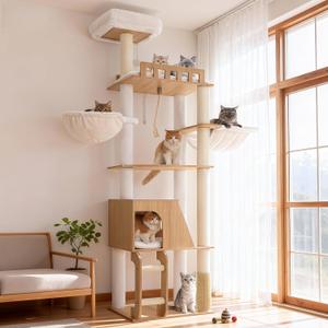Hey-brother Wooden Cat Tree, 69.7 inch Cats Furniture Tower with Large Platforms, Hammocks, Spacious Condo, Full Sisal Scratching Posts, Ladder, Brush, Water Proof Surface, White Oak MPJ121BT