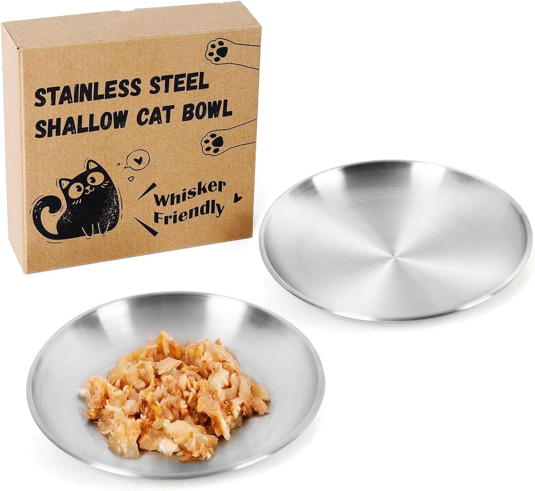 2-Pack Stainless Steel Cat Food Bowls, Shallow Whisker-Friendly Non-Slip Silicone Base Metal Dishes, Easy to Clean Indoor Feeding Flat Plates for Cat, Kitten, Small Dog (6.7")