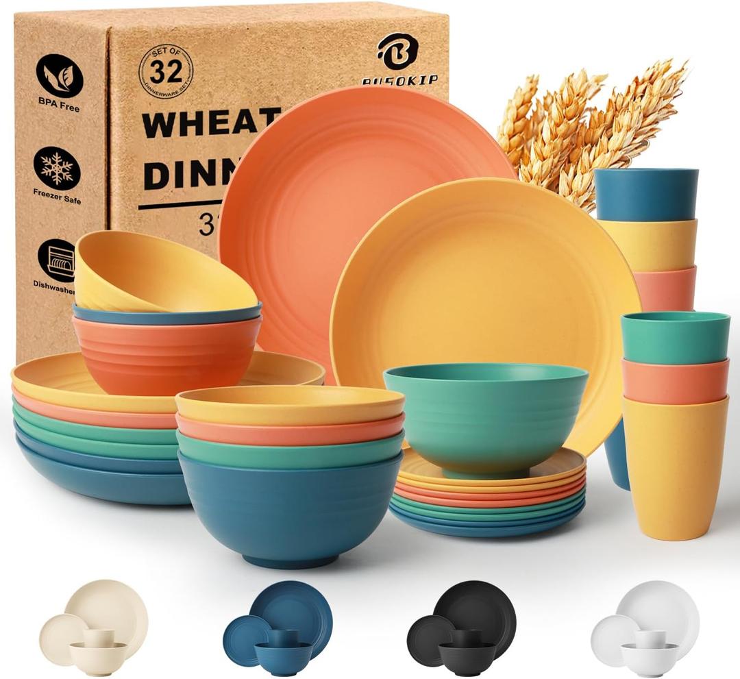 Wheat Straw Dinnerware Sets for 8, Unbreakable Plates and Bowls Sets for 8, 32-Piece Dishes Set, Microwave Safe Plastic Plates Reusable, Cups and Bowls Sets for Kitchen, Outdoor - Multi