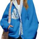 Nirovien Womens Fuzzy Fleece Jacket Colorblock Sherpa Jackets Shawl Winter Coats with Pockets Warm Outwear (Small, Blue Light)