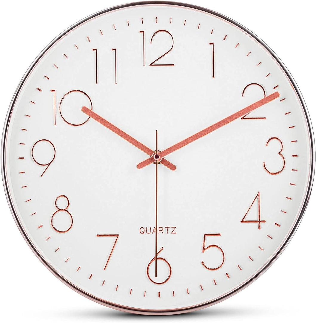 Bernhard Products Rose Gold Wall Clock 12 Inch Silent Non-Ticking Quality Quartz Battery Operated Easy to Read Decorative Modern Design for Home/Office/Kitchen/Bedroom/Living Room (Rose Gold)