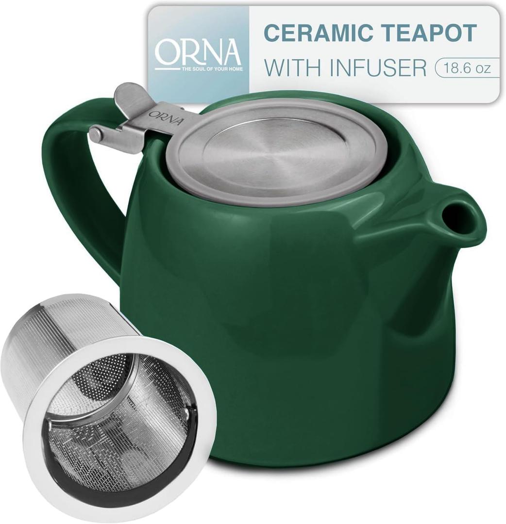 ORNA Ceramic Teapot with Tea Infuser – Small Tea Pot for Loose Leaf Tea – 550ml / 18.6 Oz Porcelain Non-Stove Teapot for 2 Cups with Tea Strainer (Green)