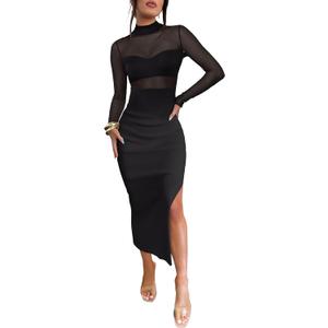 Caracilia Womens Mesh Dress Long Sleeve Mock Neck Bodycon Sheer Going Out Cocktail Night Club Midi Dresses 3 Piece Outfits (Large, Black)