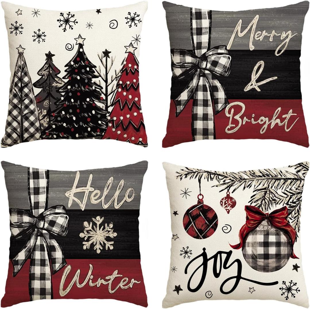 AVOIN colorlife Merry Christmas Joy Xmas Trees Red Throw Pillow Covers, 16 x 16 Inch Christmas Winter Holiday Cushion Case Decoration for Sofa Couch Set of 4