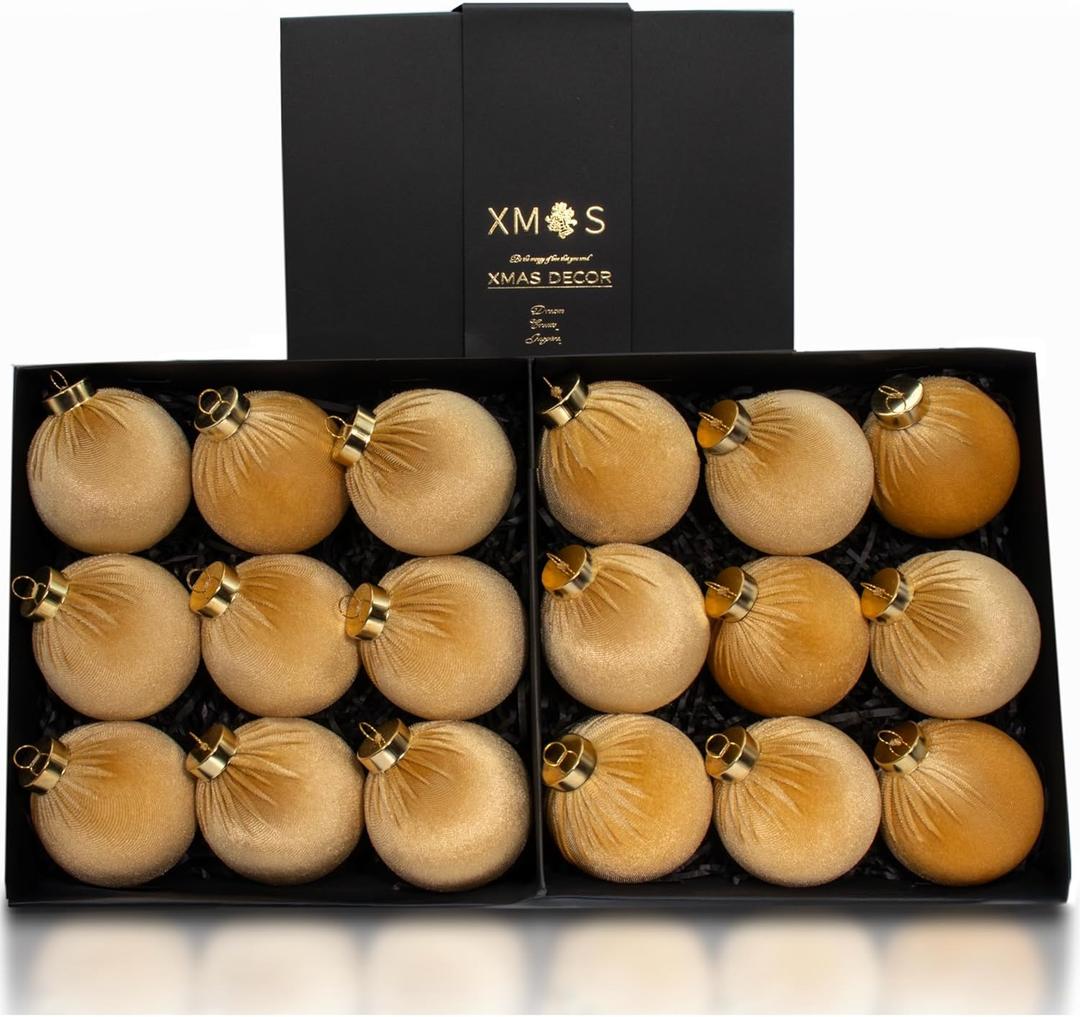 18PCS Champagne Gold Velvet Christmas Ornaments Set  Large Matte Flocked Shatterproof Baubles for Xmas Tree Decoration, Luxury Hanging Ornaments for Holiday & Home Dcor (Gold, 3 Inch / 8 cm)