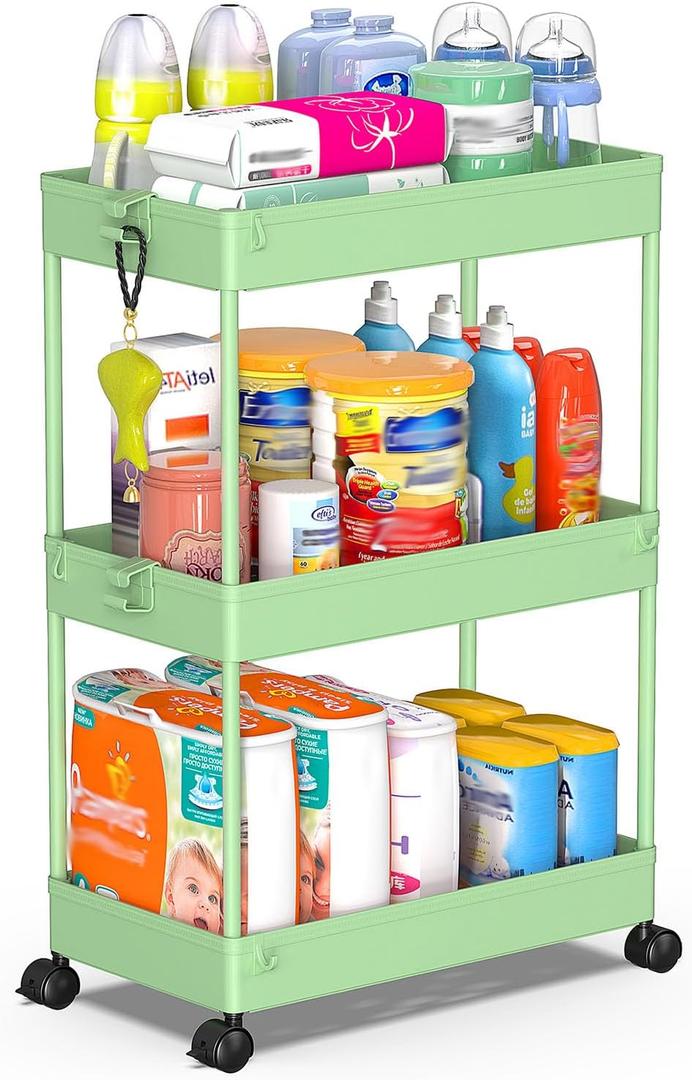 SPACEKEEPER Green 3-Tier Rolling Storage Cart, Bathroom & Kitchen Organizer, Modern Plastic Frame, Adjustable Shelves