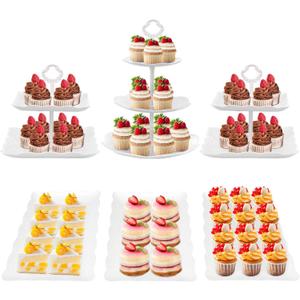 6Pcs Cupcake Stand White Plastic Cake Stand Dessert Table Stands Set 3Tier 2Tiered Cupcake Tower Stand Treat Display Holder Cookie Candy Serving Tray Dessert Trays for Wedding Baby Shower Tea Party