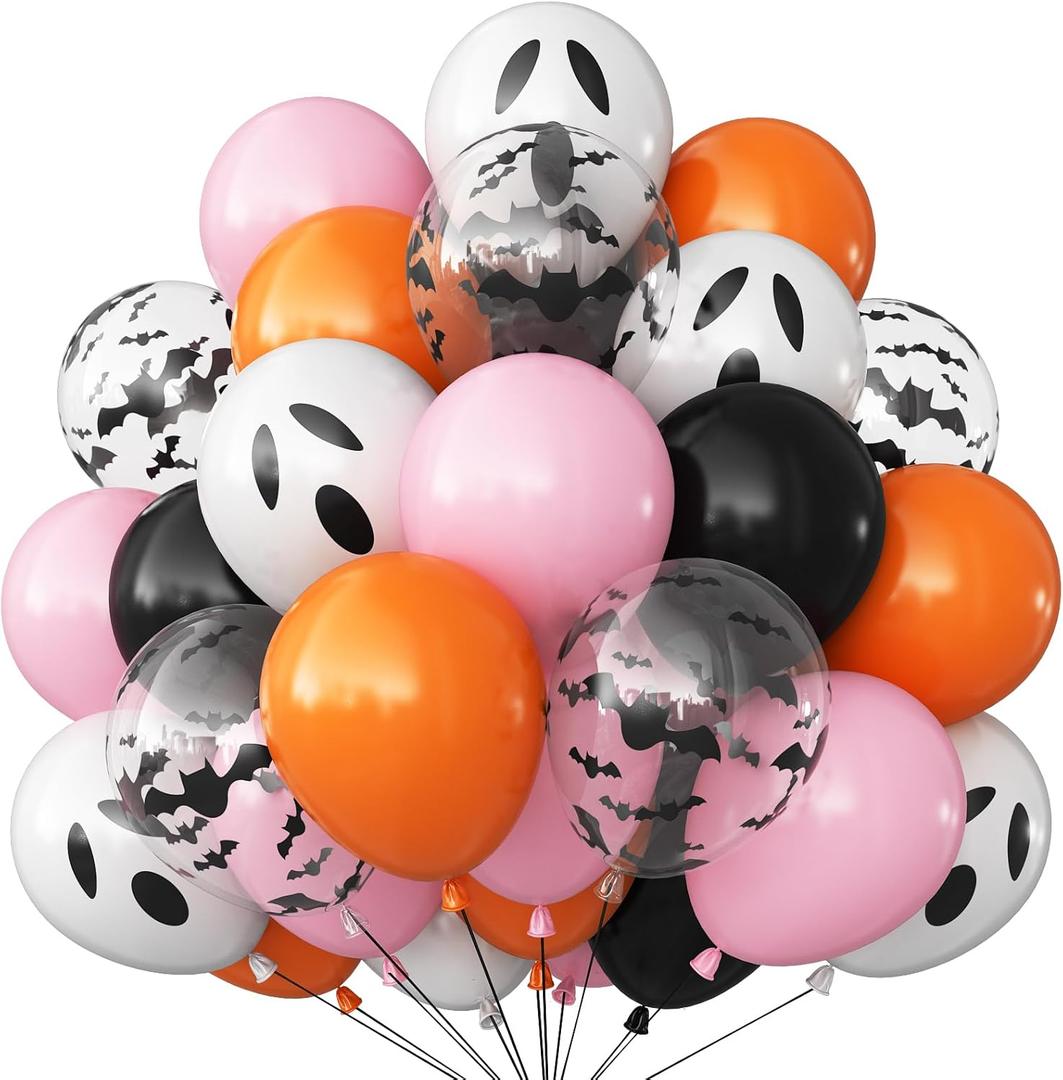 Halloween Balloon Pink Black Orange Balloons with Bat Print Latex Balloons White Ghost Party Balloon for Girls Night Hey Boo Halloween Ghost Spooky One Scary Birthday Baby Shower Party Decor