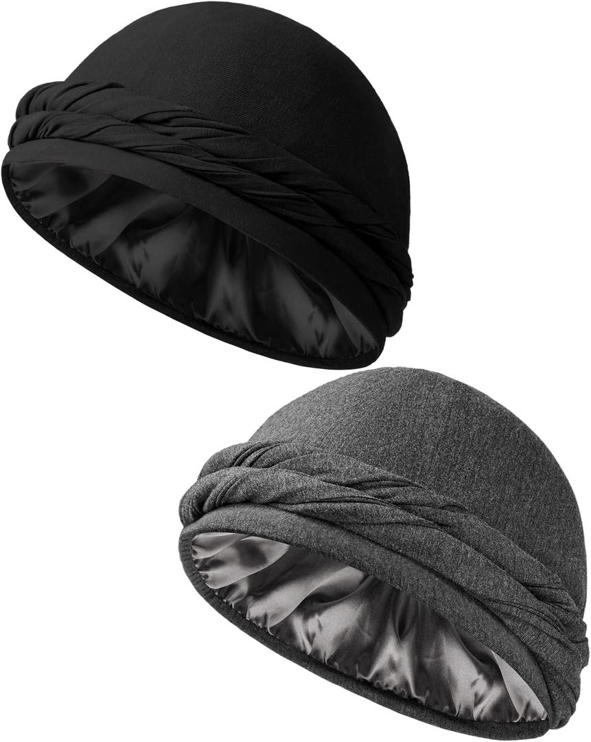 BEACE Silk Satin Lined Pre-Tied Turban Durag Head Wrap for Men & Women, Halo Turban Skull Cap Bonnet Hair Cover for Sleeping (0, Black/Dark Gray)